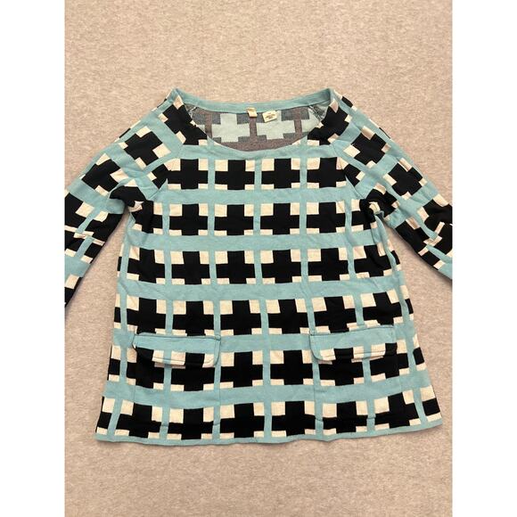 Anthropologie Moth Sweater Womens Medium Flare Sleeve Plaid Blue Black White‎ - Picture 1 of 13